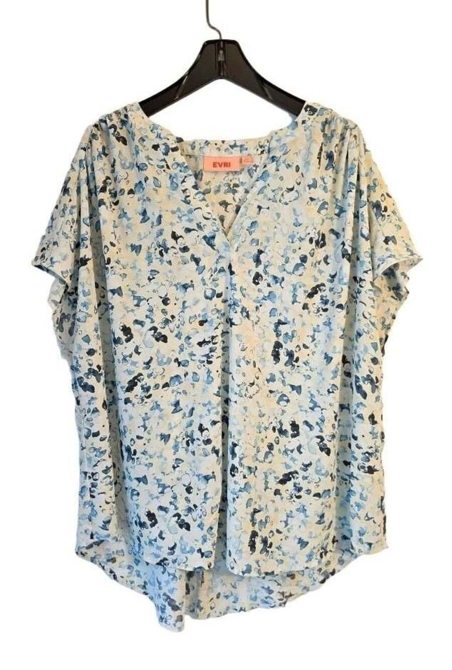 EVRI White, Blue, and Black Abstract Print Short Sleeve Blouse, Size 2X
